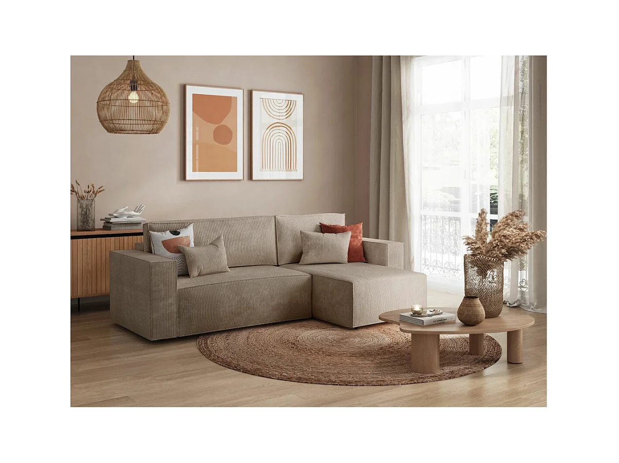 Canapé d'angle 3 places convertible réversible Clarisse avec coffre en velours côtelé - Taupe - L269 x P159 x H89cm - Loungitude