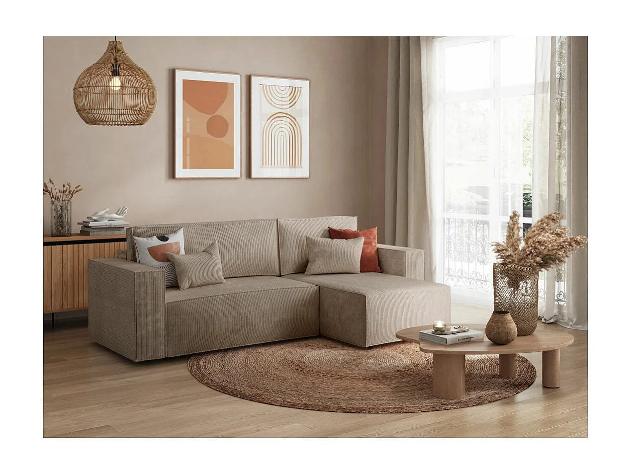 Canapé d'angle 3 places convertible réversible Clarisse avec coffre en velours côtelé - Taupe - L269 x P159 x H89cm - Loungitude
