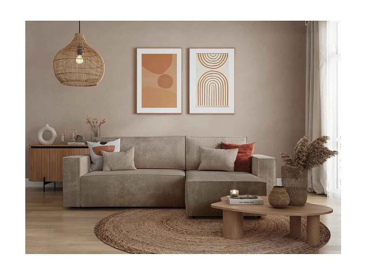 Canapé d'angle 3 places convertible réversible Clarisse avec coffre en velours côtelé - Taupe - L269 x P159 x H89cm - Loungitude