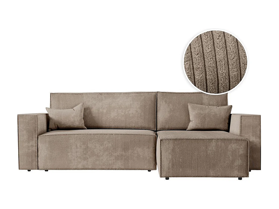 Canapé d'angle 3 places convertible réversible Clarisse avec coffre en velours côtelé - Taupe - L269 x P159 x H89cm - Loungitude