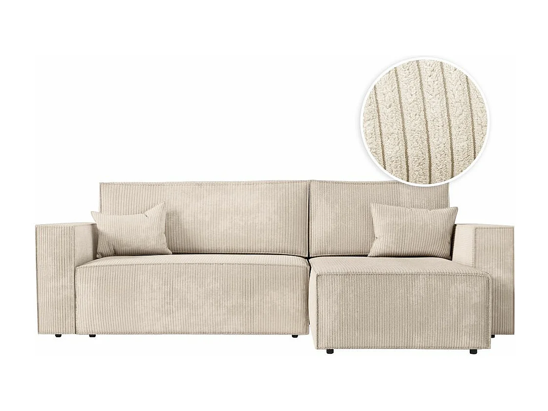 Canapé d'angle 3 places convertible réversible Clarisse avec coffre en velours côtelé - Beige - L269 x P159 x H89cm - Loungitude