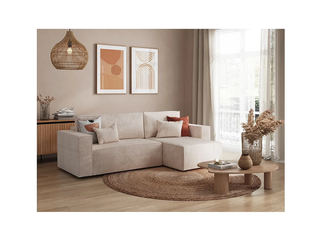 Canapé d'angle 3 places convertible réversible Clarisse avec coffre en velours côtelé - Beige - L269 x P159 x H89cm - Loungitude
