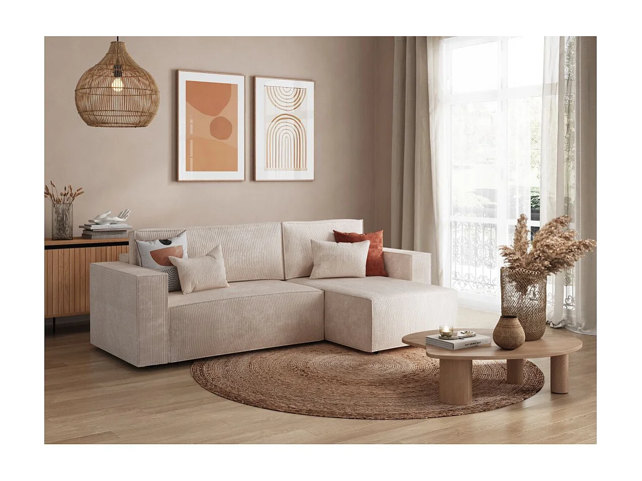 Canapé d'angle 3 places convertible réversible Clarisse avec coffre en velours côtelé - Beige - L269 x P159 x H89cm - Loungitude