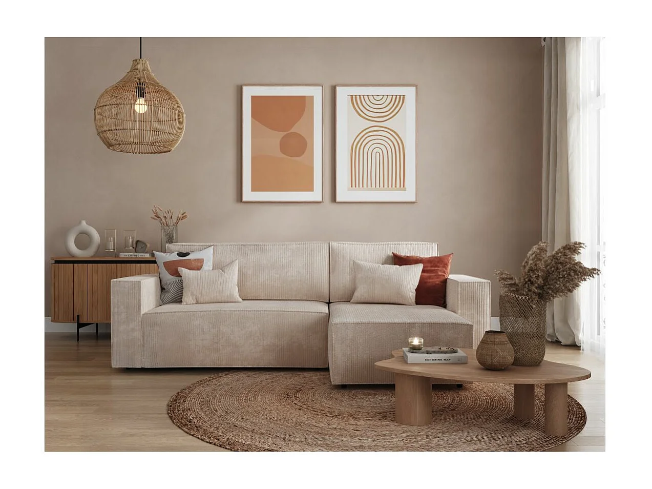 Canapé d'angle 3 places convertible réversible Clarisse avec coffre en velours côtelé - Beige - L269 x P159 x H89cm - Loungitude