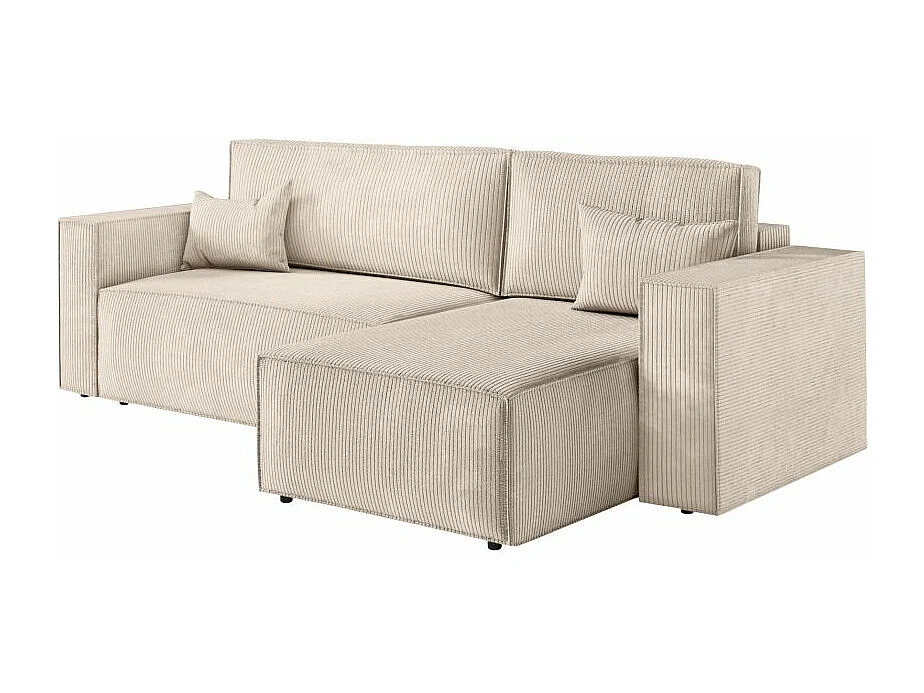 Canapé d'angle 3 places convertible réversible Clarisse avec coffre en velours côtelé - Beige - L269 x P159 x H89cm - Loungitude