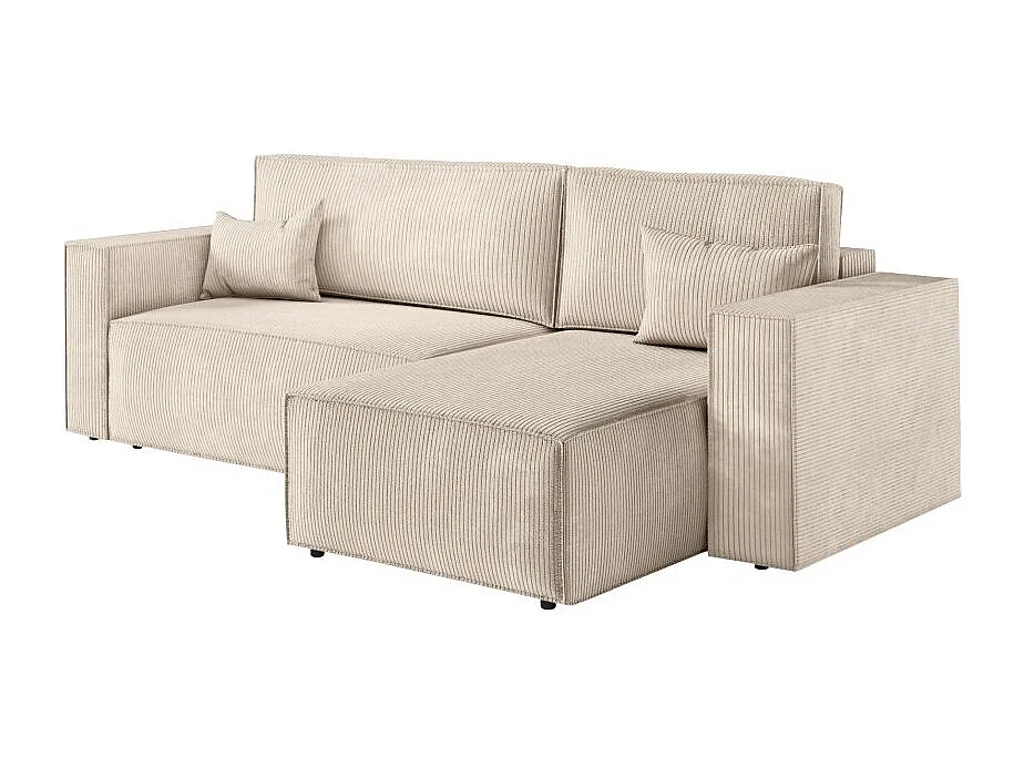 Canapé d'angle 3 places convertible réversible Clarisse avec coffre en velours côtelé - Beige - L269 x P159 x H89cm - Loungitude