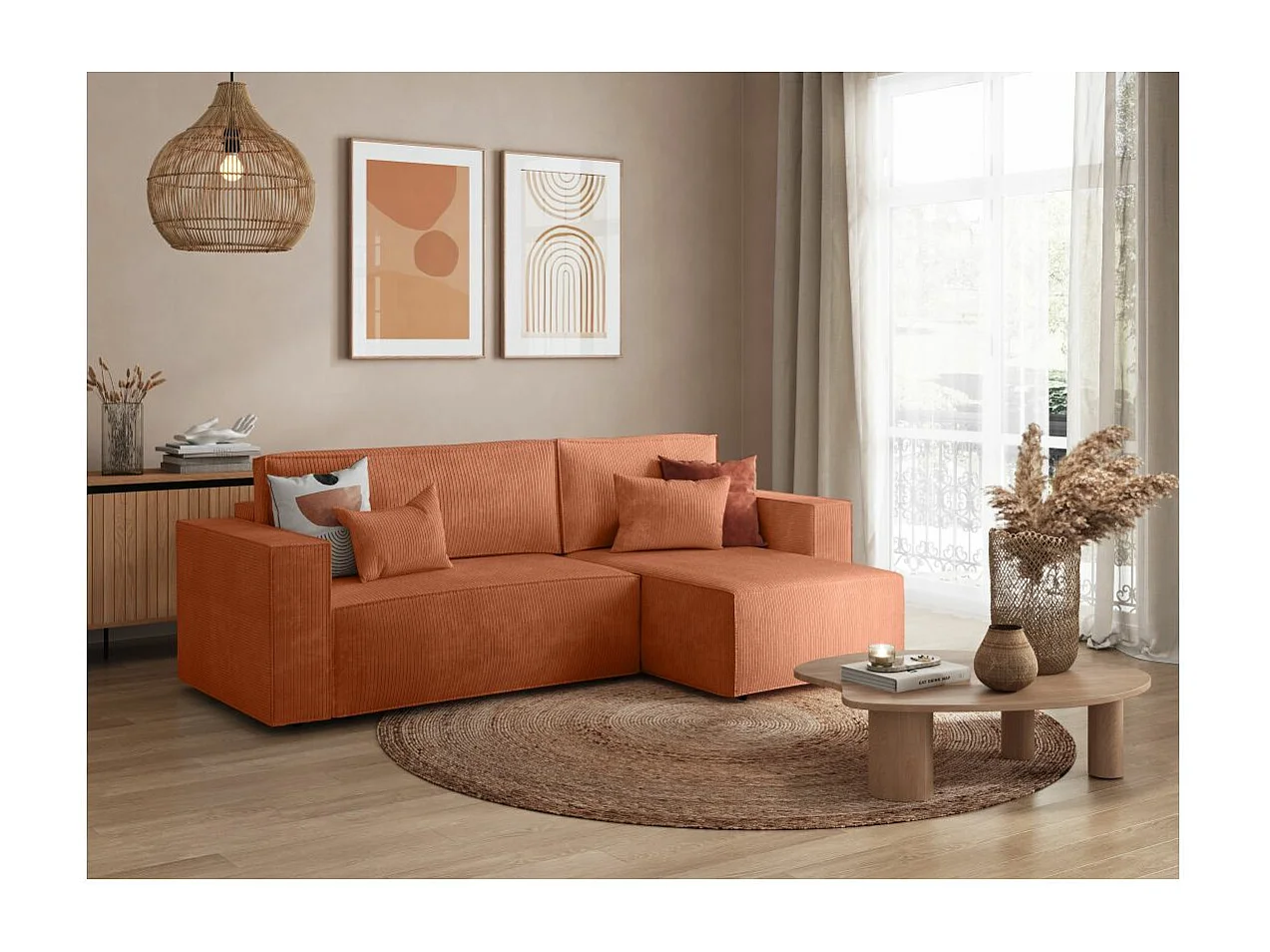 Canapé d'angle 3 places convertible réversible Clarisse avec coffre en velours côtelé- Terracotta - L269 x P159 x H89cm - Loungitude