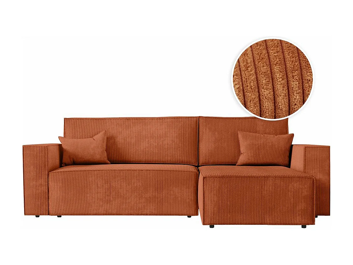 Canapé d'angle 3 places convertible réversible Clarisse avec coffre en velours côtelé- Terracotta - L269 x P159 x H89cm - Loungitude
