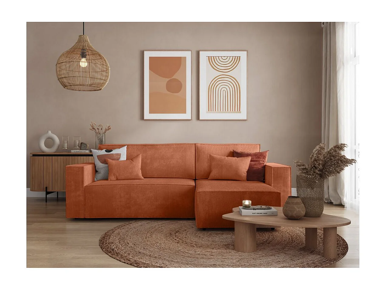 Canapé d'angle 3 places convertible réversible Clarisse avec coffre en velours côtelé- Terracotta - L269 x P159 x H89cm - Loungitude