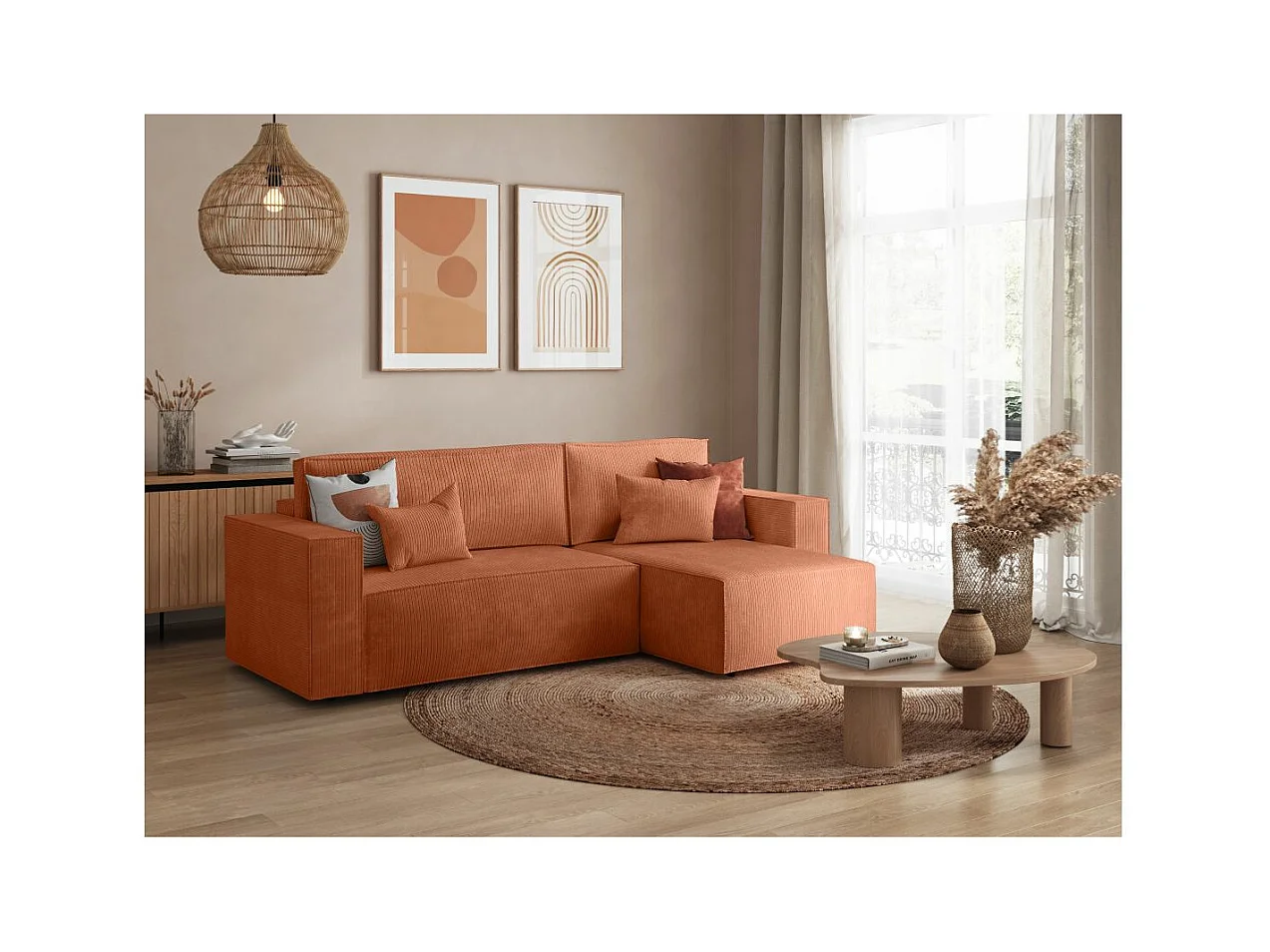 Canapé d'angle 3 places convertible réversible Clarisse avec coffre en velours côtelé- Terracotta - L269 x P159 x H89cm - Loungitude