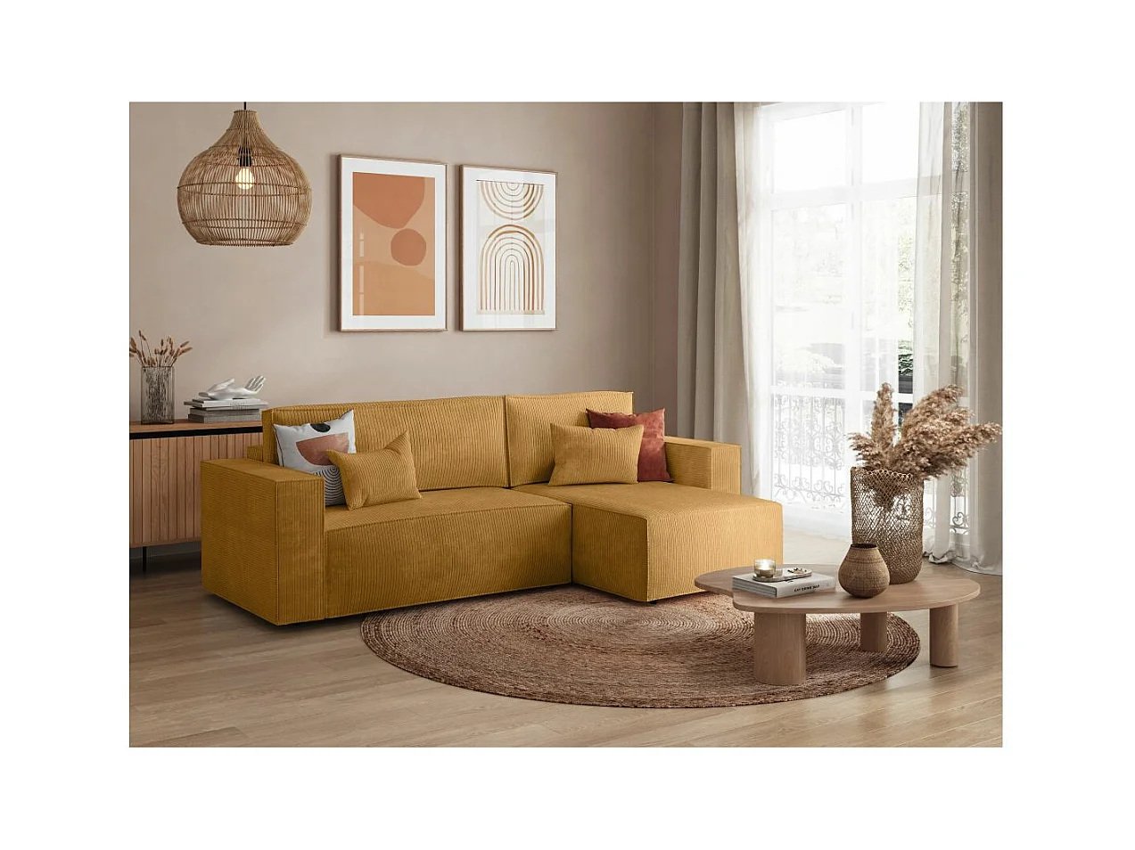 Canapé d'angle 3 places convertible réversible Clarisse avec coffre en velours côtelé - Jaune - L269 x P159 x H89cm - Loungitude