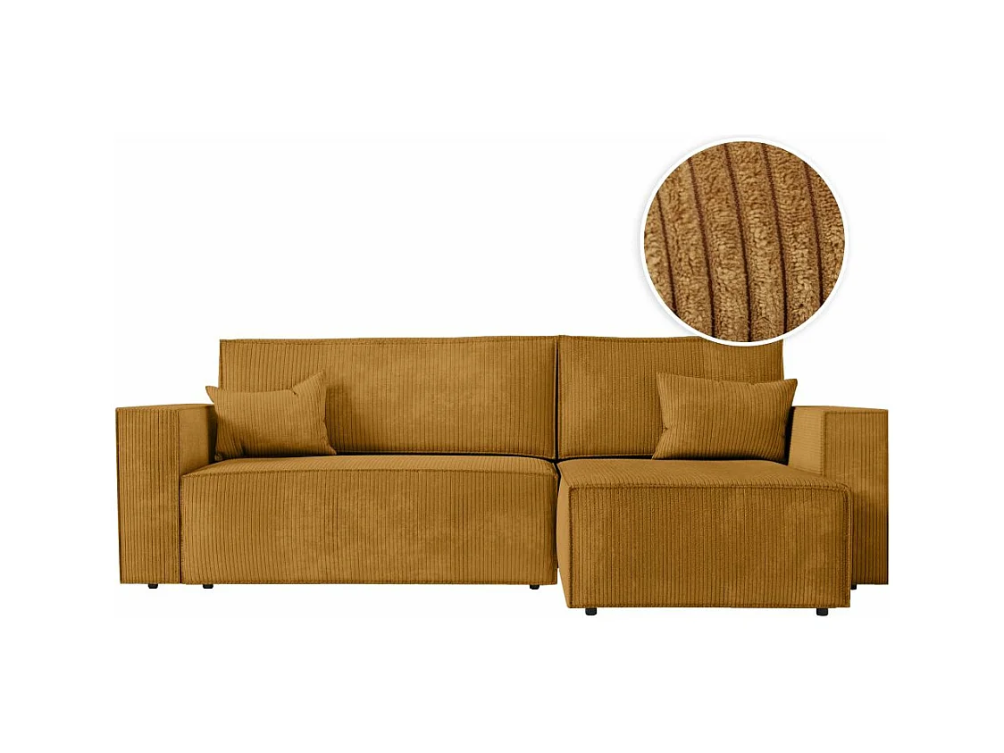 Canapé d'angle 3 places convertible réversible Clarisse avec coffre en velours côtelé - Jaune - L269 x P159 x H89cm - Loungitude