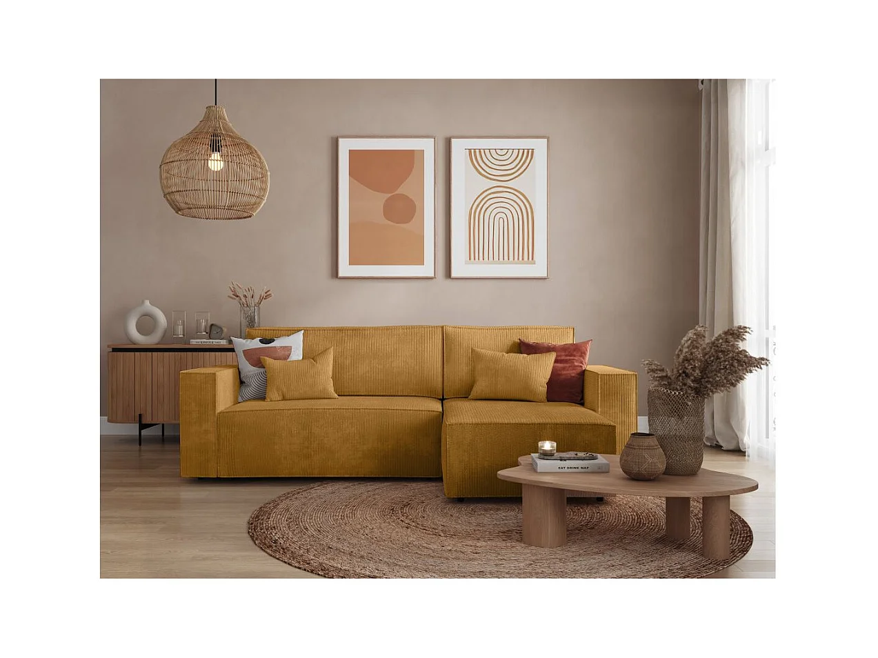 Canapé d'angle 3 places convertible réversible Clarisse avec coffre en velours côtelé - Jaune - L269 x P159 x H89cm - Loungitude