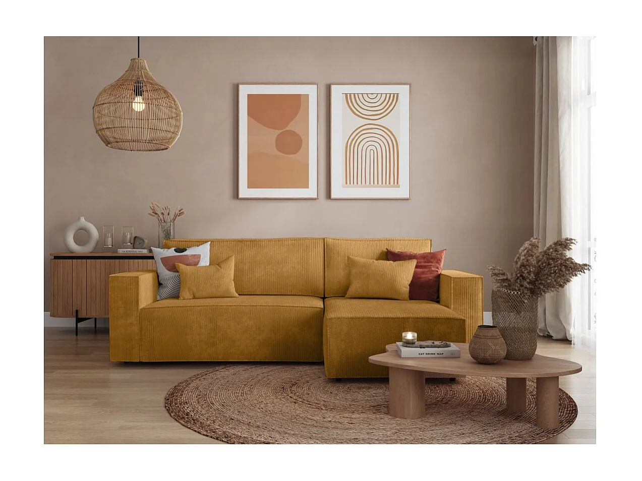 Canapé d'angle 3 places convertible réversible Clarisse avec coffre en velours côtelé - Jaune - L269 x P159 x H89cm - Loungitude