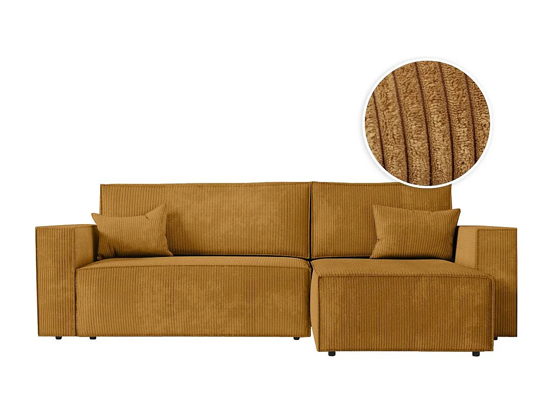 Canapé d'angle 3 places convertible réversible Clarisse avec coffre en velours côtelé - Jaune - L269 x P159 x H89cm - Loungitude