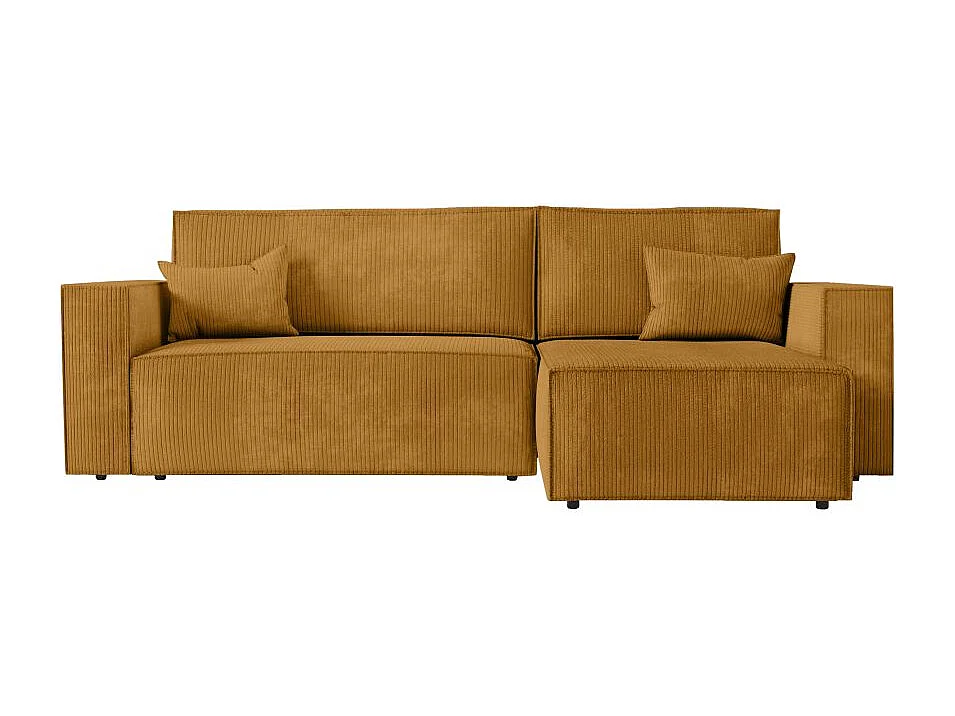 Canapé d'angle 3 places convertible réversible Clarisse avec coffre en velours côtelé - Jaune - L269 x P159 x H89cm - Loungitude