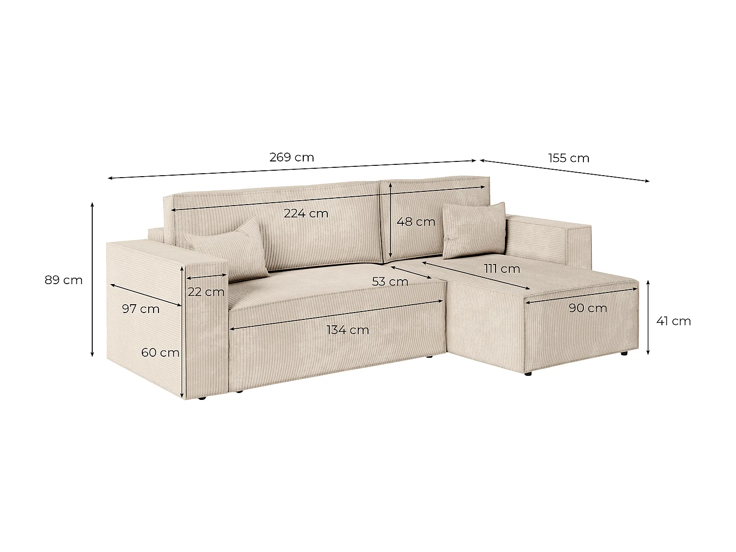 Canapé d'angle 3 places convertible réversible Clarisse avec coffre en velours côtelé - Jaune - L269 x P159 x H89cm - Loungitude