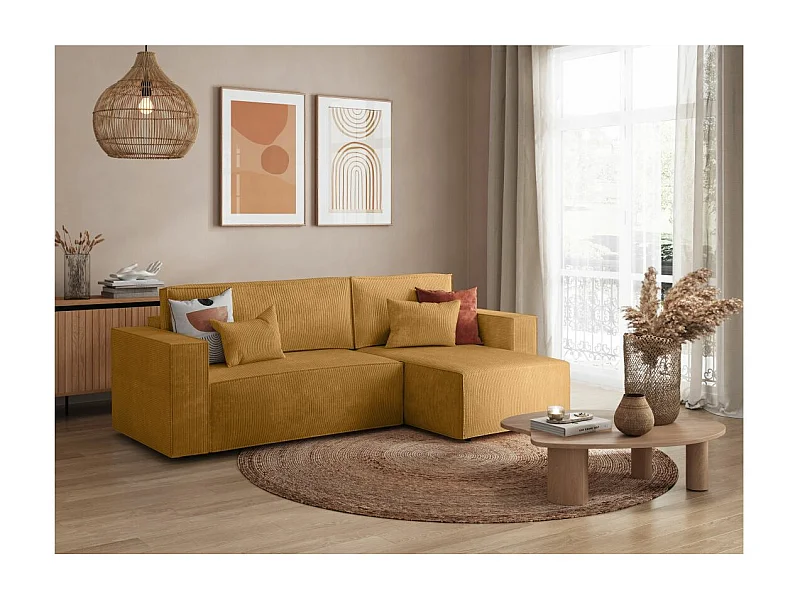 Canapé d'angle 3 places convertible réversible Clarisse avec coffre en velours côtelé - Jaune - L269 x P159 x H89cm - Loungitude