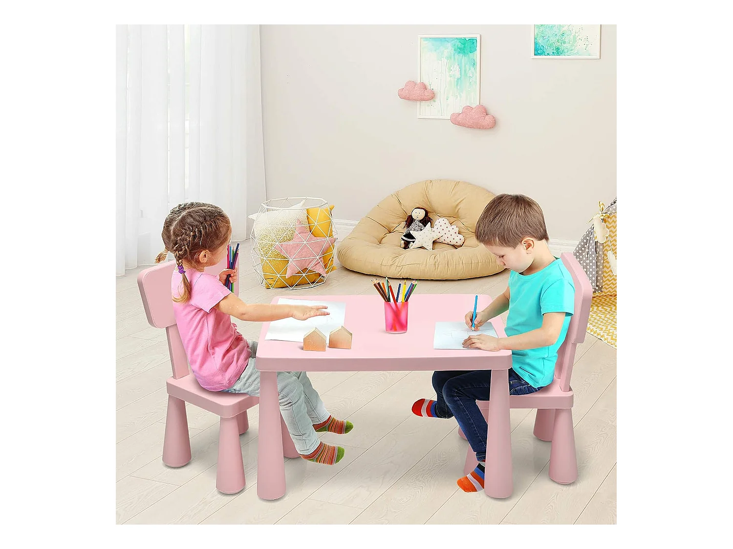 Ensemble table et chaises pour enfants pour jouer,manger, dessiner, apprentissage pour enfants 1 à 7 ans rose