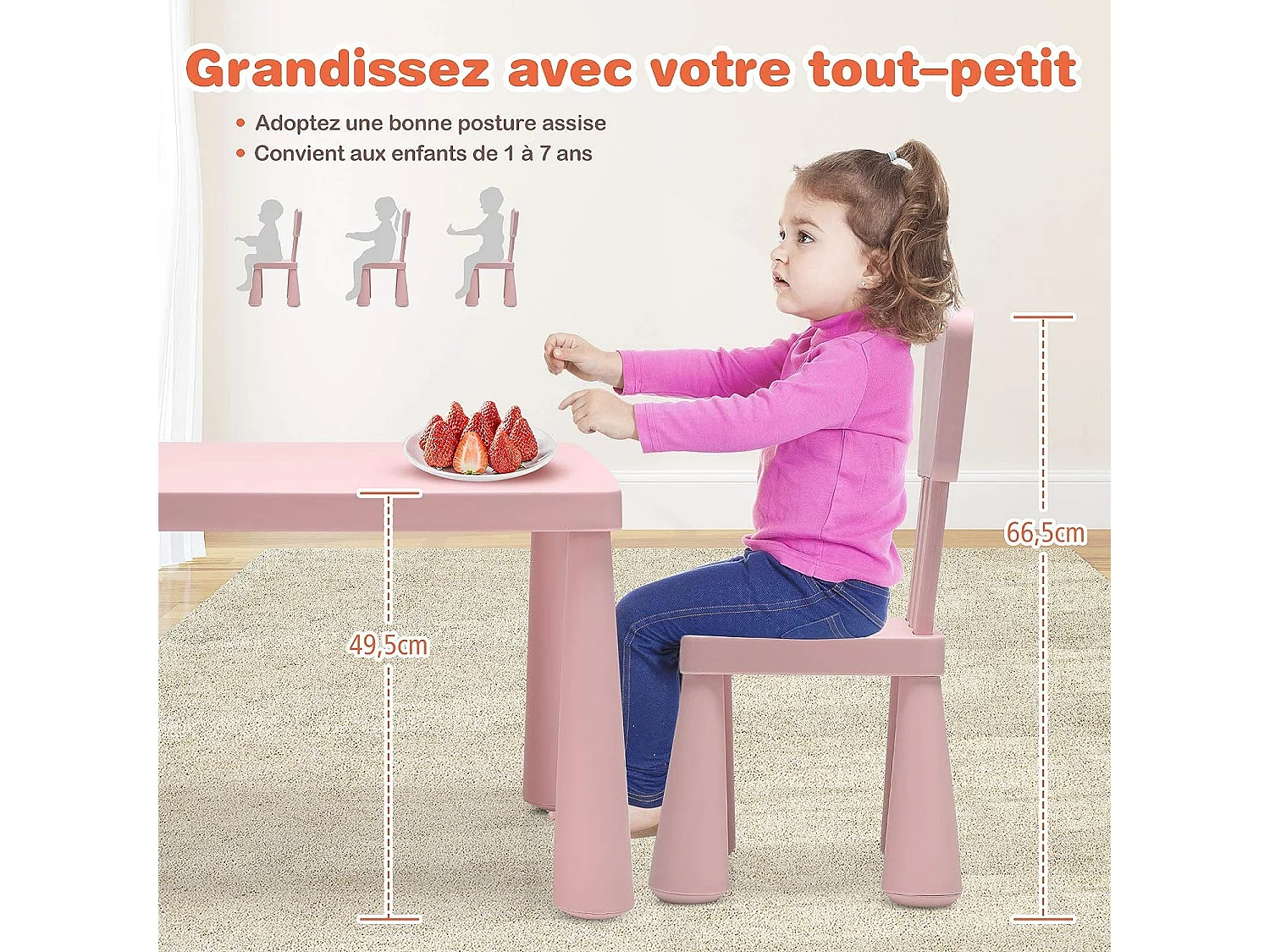 Ensemble table et chaises pour enfants pour jouer,manger, dessiner, apprentissage pour enfants 1 à 7 ans rose