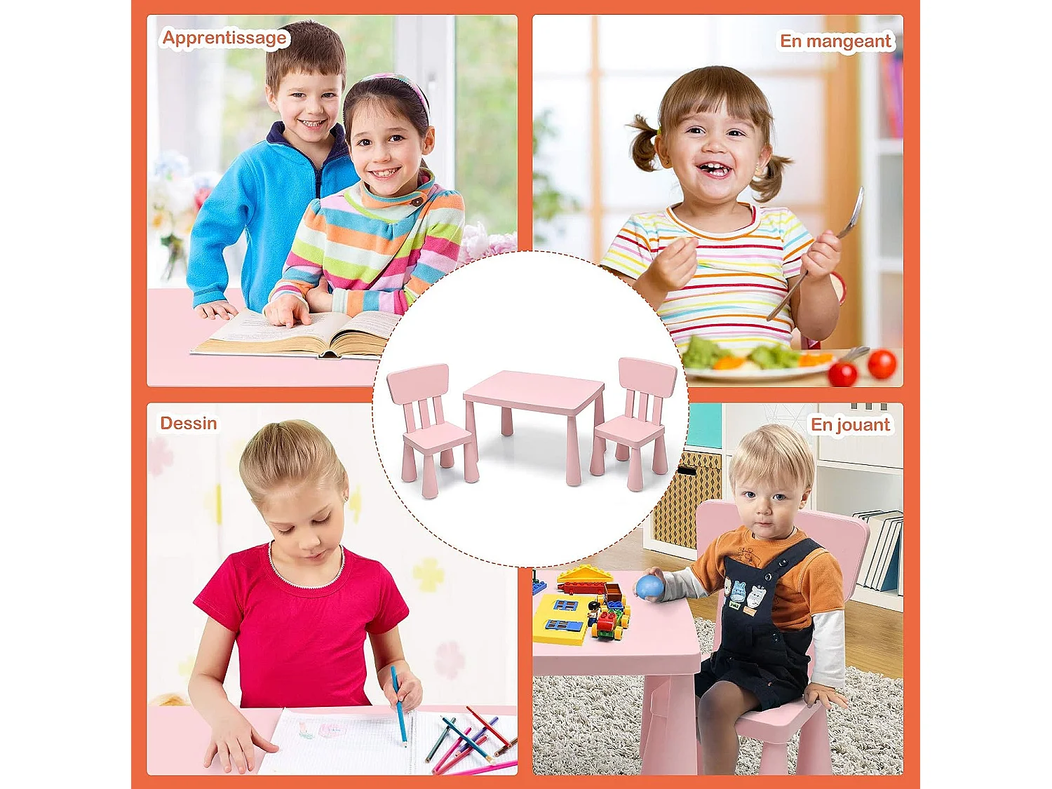 Ensemble table et chaises pour enfants pour jouer,manger, dessiner, apprentissage pour enfants 1 à 7 ans rose