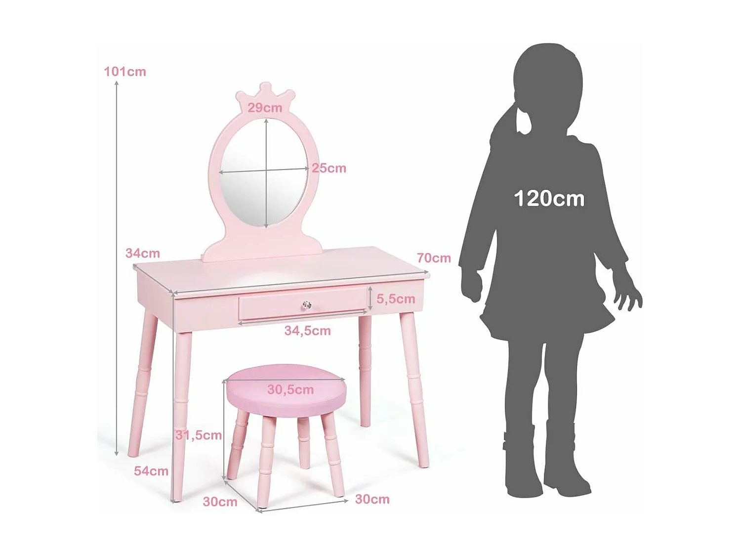 Coiffeuse avec Tabouret de Filles,Table de Maquillage pour Enfants, Style Princesse Européenne avec Tiroir et Miroir (Rose)