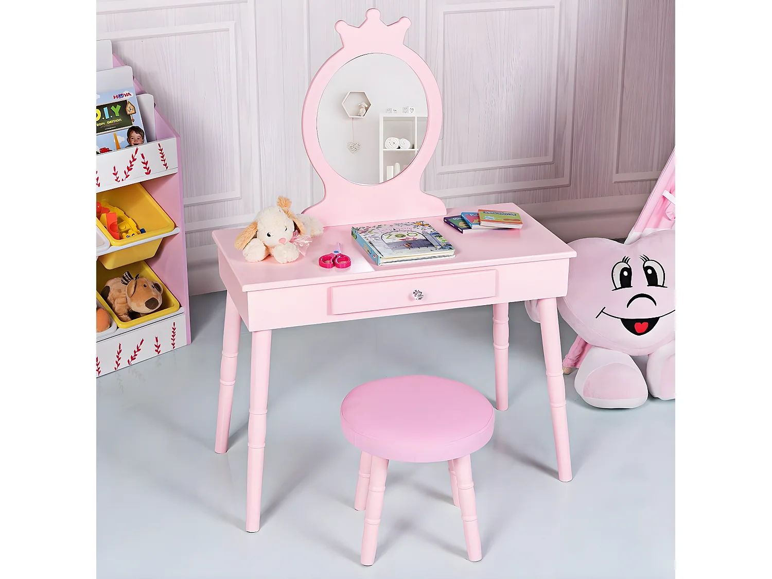 Coiffeuse avec Tabouret de Filles,Table de Maquillage pour Enfants, Style Princesse Européenne avec Tiroir et Miroir (Rose)