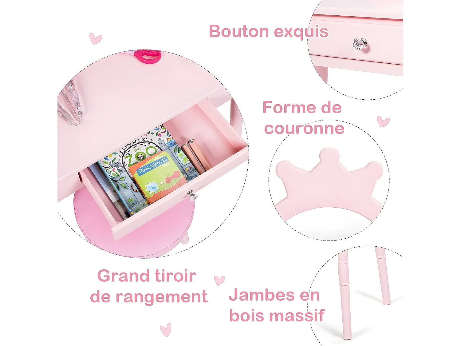 Coiffeuse avec Tabouret de Filles,Table de Maquillage pour Enfants, Style Princesse Européenne avec Tiroir et Miroir (Rose)