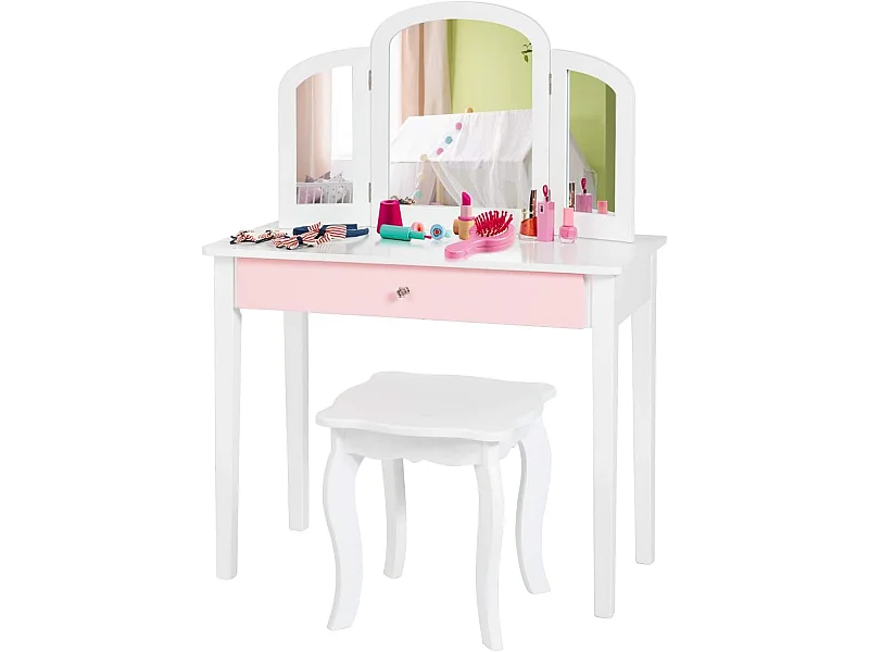Coiffeuse pour Enfants 2 en 1 avec Miroir Amovible et Pliable, 1 Grand Tiroir Style Princesse Blanc