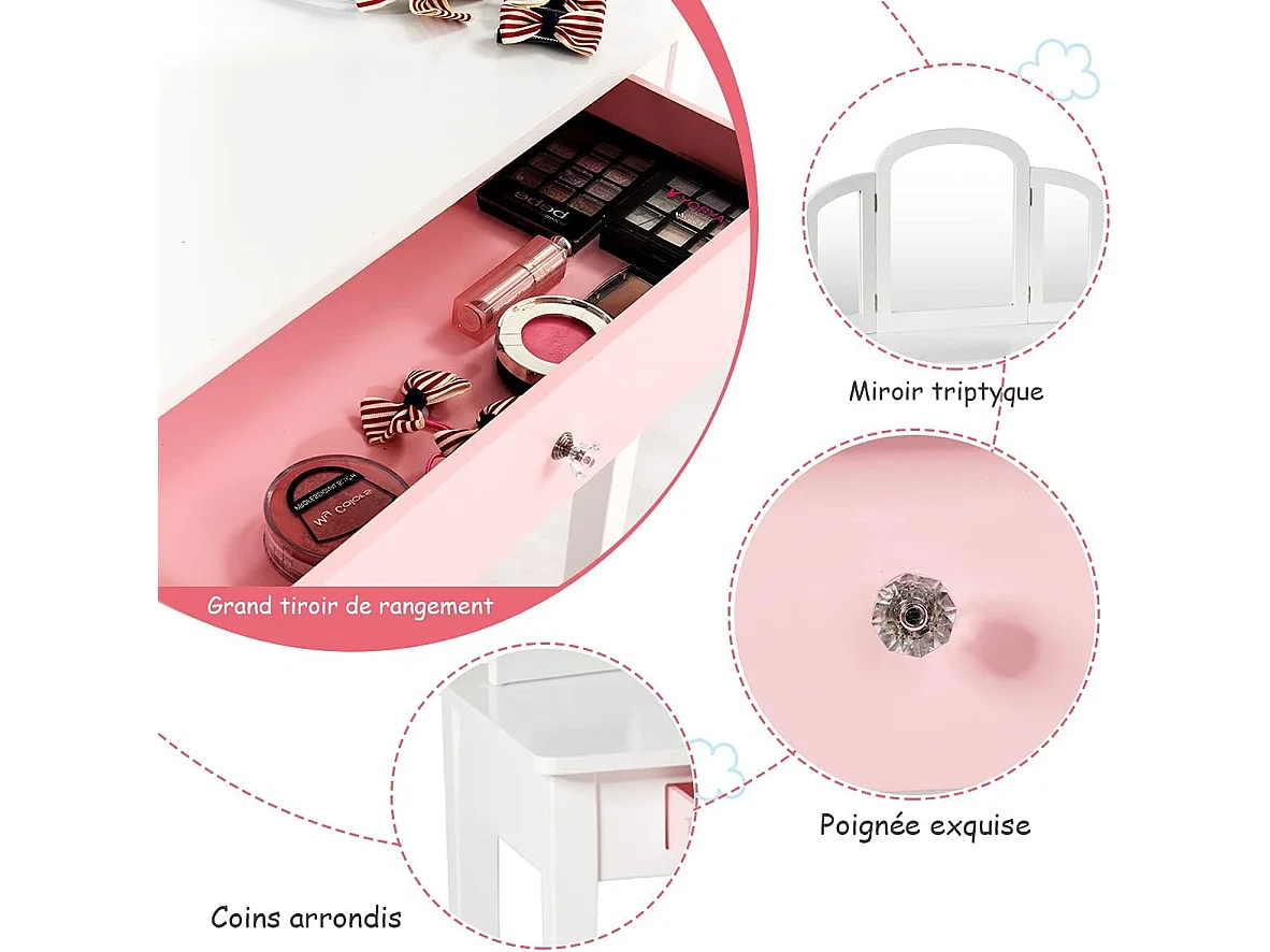 Coiffeuse pour Enfants 2 en 1 avec Miroir Amovible et Pliable, 1 Grand Tiroir Style Princesse Blanc