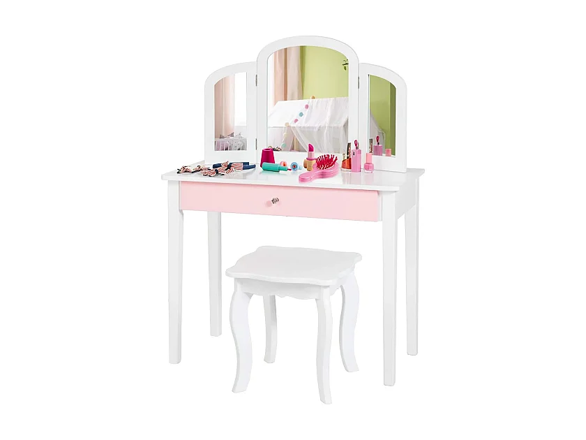 Coiffeuse pour Enfants 2 en 1 avec Miroir Amovible et Pliable, 1 Grand Tiroir Style Princesse Blanc