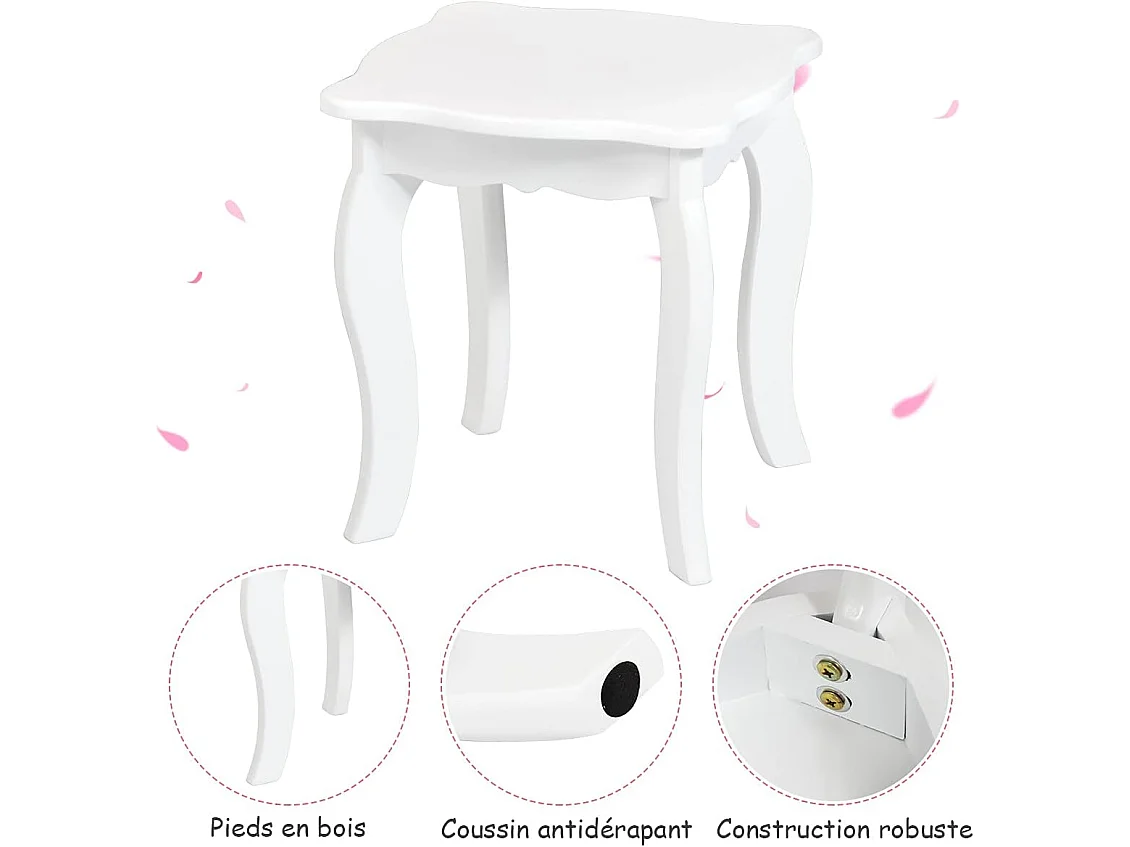 Coiffeuse pour Enfants 2 en 1 avec Miroir Amovible et Pliable, 1 Grand Tiroir Style Princesse Blanc