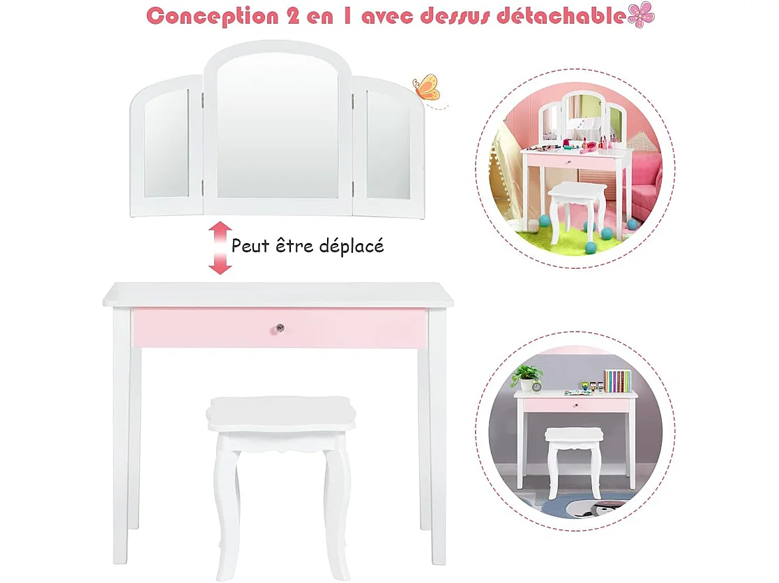 Coiffeuse pour Enfants 2 en 1 avec Miroir Amovible et Pliable, 1 Grand Tiroir Style Princesse Blanc