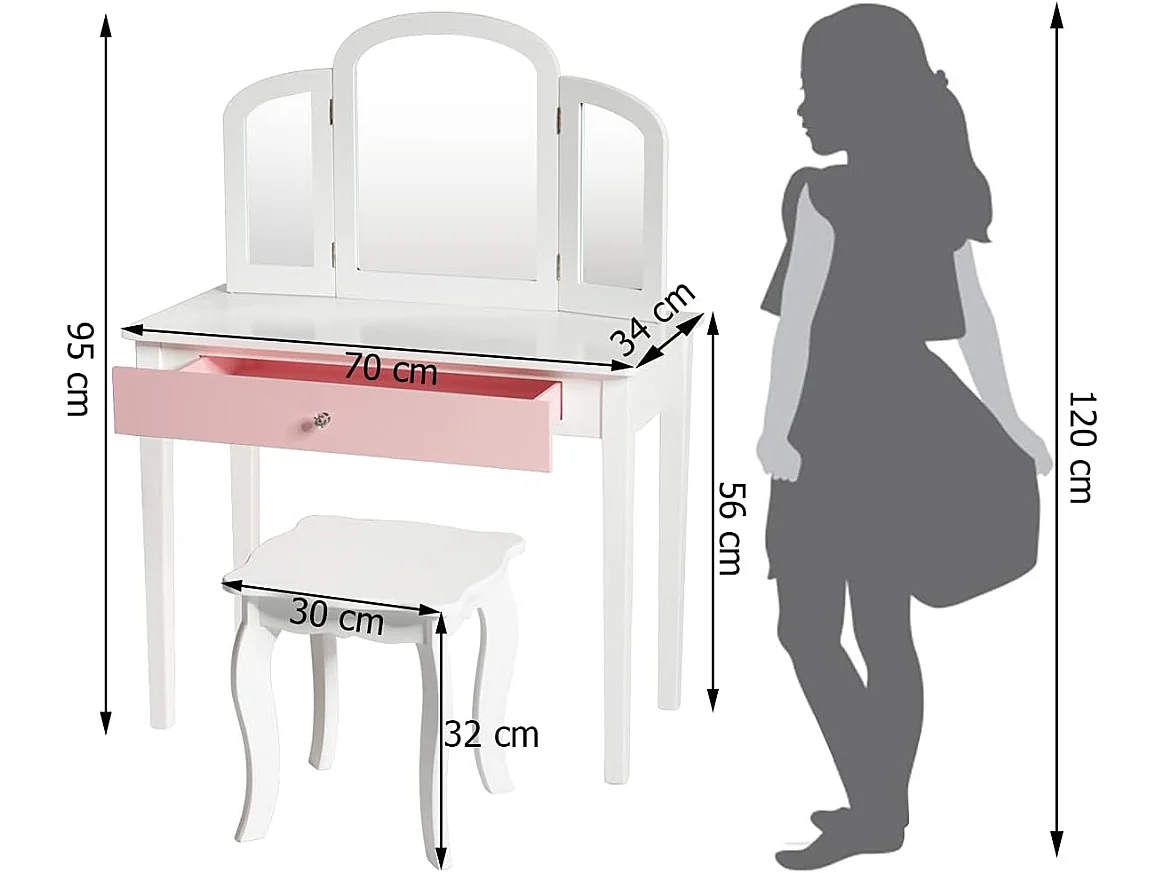 Coiffeuse pour Enfants 2 en 1 avec Miroir Amovible et Pliable, 1 Grand Tiroir Style Princesse Blanc