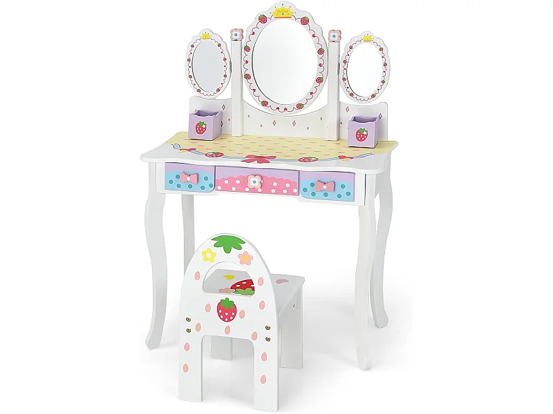 Coiffeuse pour Enfants avec Miroir Amovible - 3 Tiroirs - 2 Boîtes - Convertible Bureau - Style Princesse pour Filles, Blanc