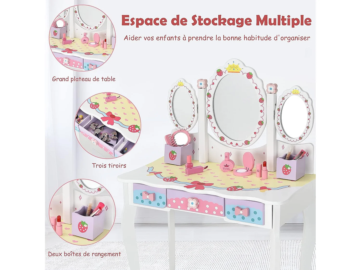 Coiffeuse pour Enfants avec Miroir Amovible - 3 Tiroirs - 2 Boîtes - Convertible Bureau - Style Princesse pour Filles, Blanc
