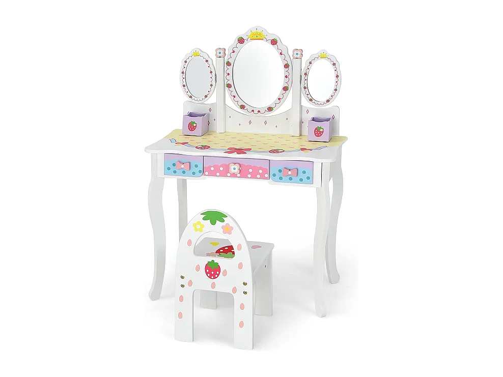 Coiffeuse pour Enfants avec Miroir Amovible - 3 Tiroirs - 2 Boîtes - Convertible Bureau - Style Princesse pour Filles, Blanc