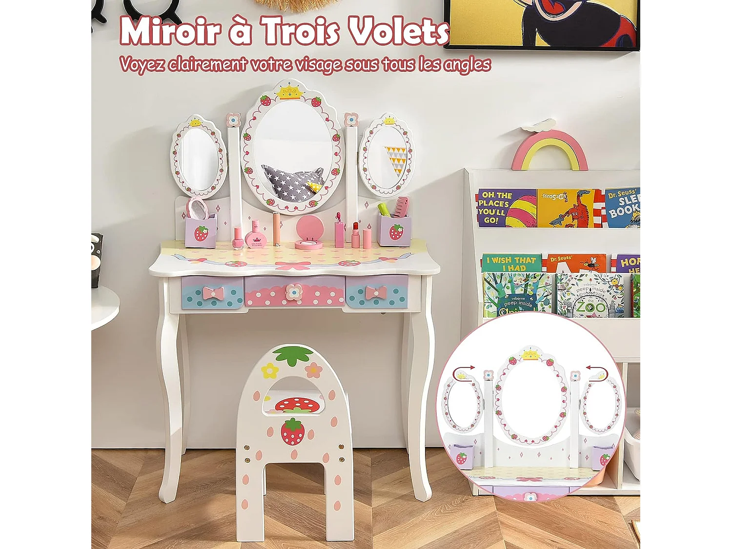 Coiffeuse pour Enfants avec Miroir Amovible - 3 Tiroirs - 2 Boîtes - Convertible Bureau - Style Princesse pour Filles, Blanc