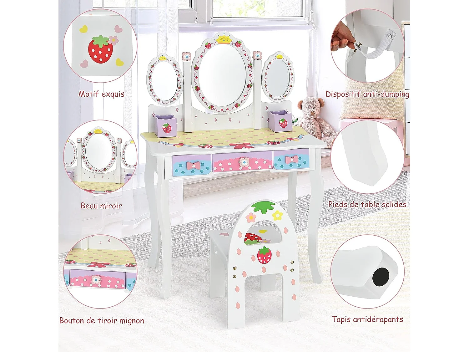 Coiffeuse pour Enfants avec Miroir Amovible - 3 Tiroirs - 2 Boîtes - Convertible Bureau - Style Princesse pour Filles, Blanc