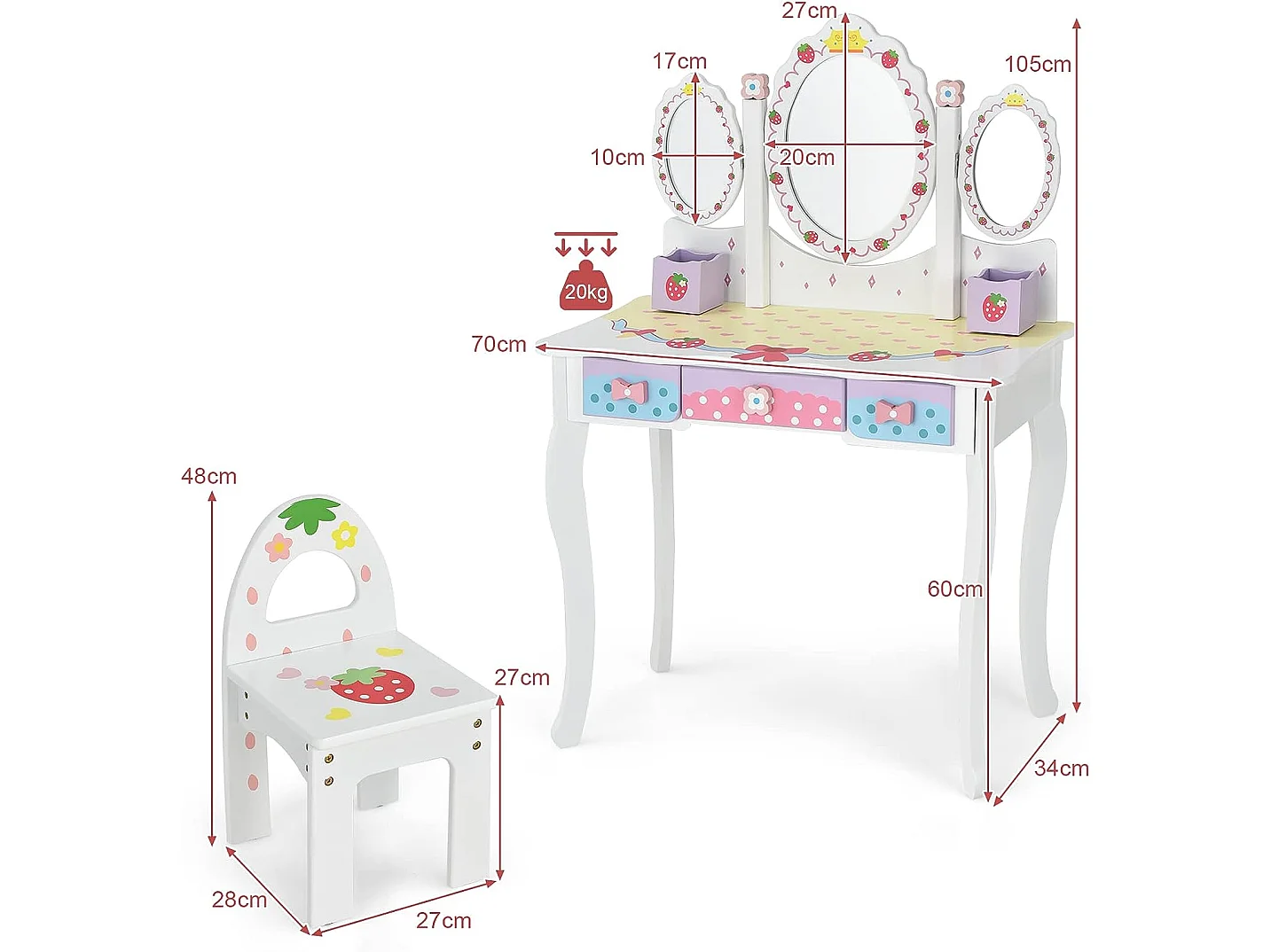 Coiffeuse pour Enfants avec Miroir Amovible - 3 Tiroirs - 2 Boîtes - Convertible Bureau - Style Princesse pour Filles, Blanc