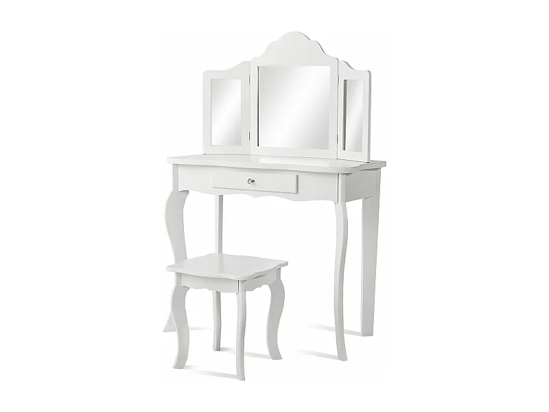 Coiffeuse Enfant Rose avec Tabouret, Table de Maquillage avec Miroir à Trois Panneaux et Tiroir, 70 x 34 x 103 CM, Blanc