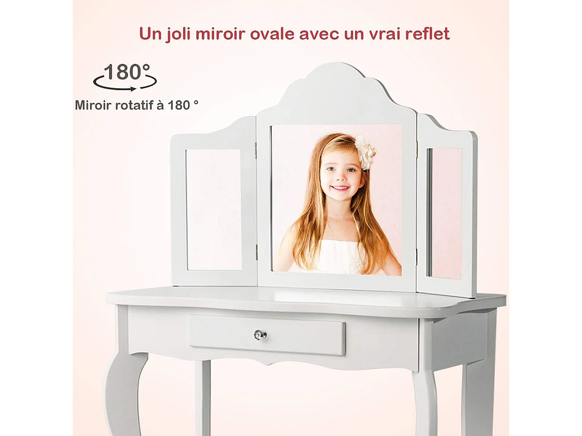Coiffeuse Enfant Rose avec Tabouret, Table de Maquillage avec Miroir à Trois Panneaux et Tiroir, 70 x 34 x 103 CM, Blanc