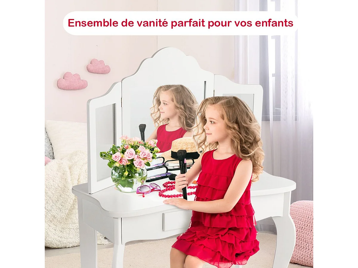 Coiffeuse Enfant Rose avec Tabouret, Table de Maquillage avec Miroir à Trois Panneaux et Tiroir, 70 x 34 x 103 CM, Blanc