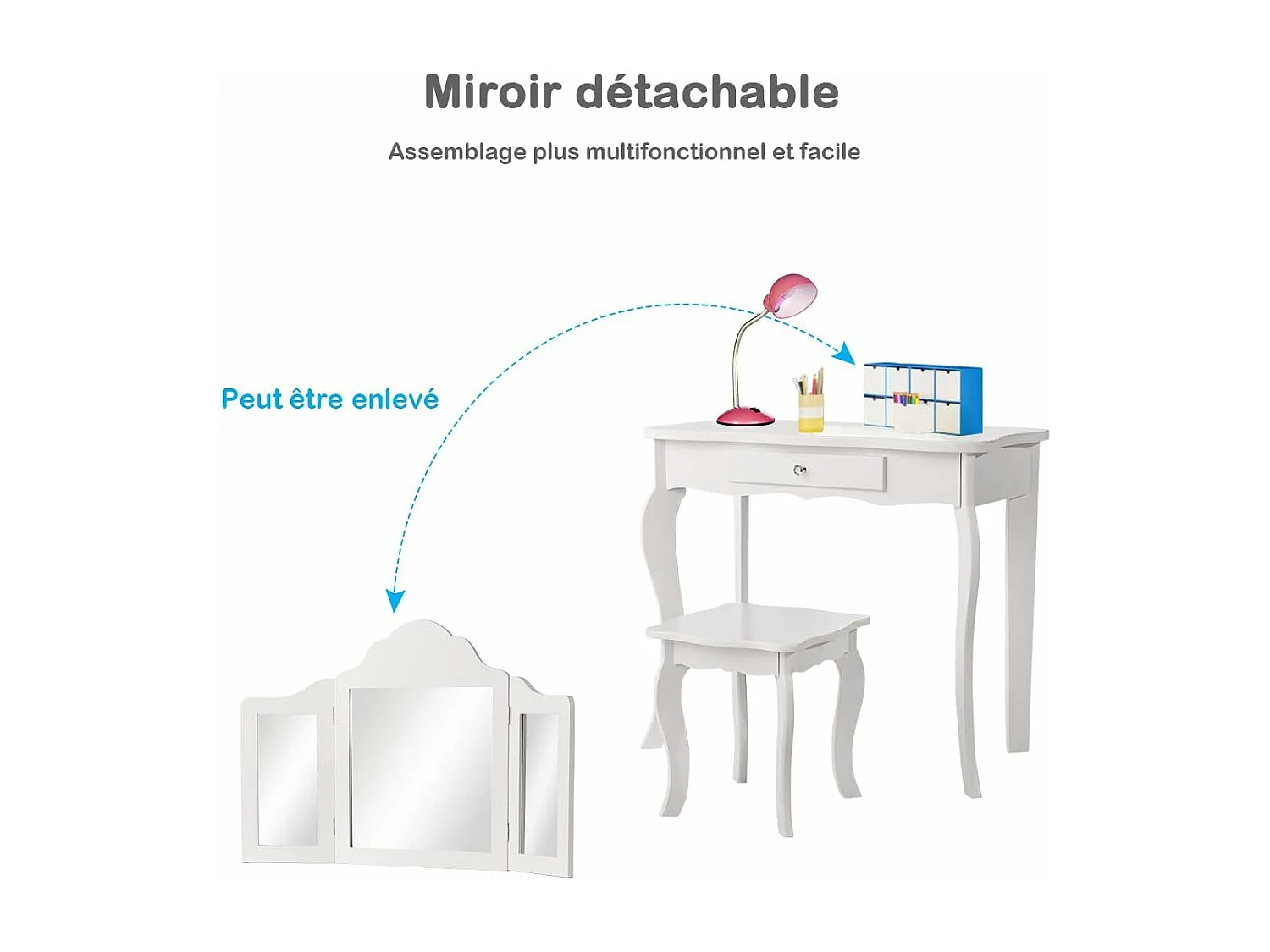 Coiffeuse Enfant Rose avec Tabouret, Table de Maquillage avec Miroir à Trois Panneaux et Tiroir, 70 x 34 x 103 CM, Blanc