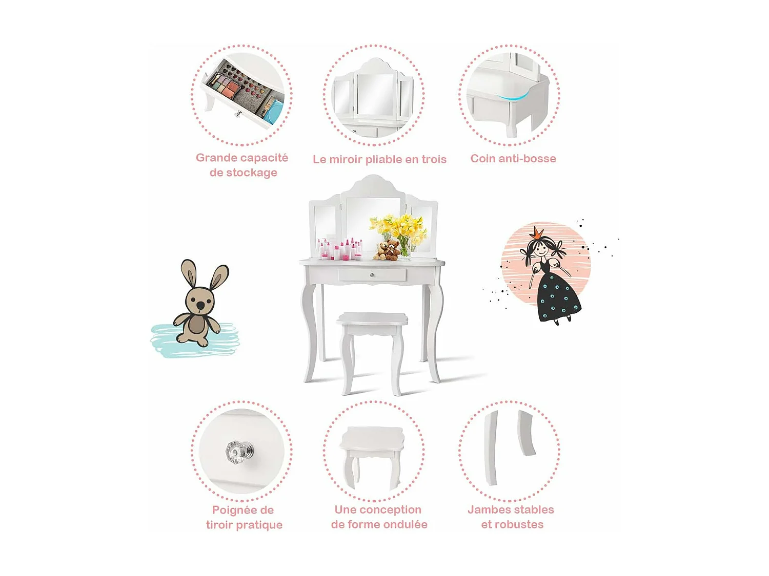 Coiffeuse Enfant Rose avec Tabouret, Table de Maquillage avec Miroir à Trois Panneaux et Tiroir, 70 x 34 x 103 CM, Blanc