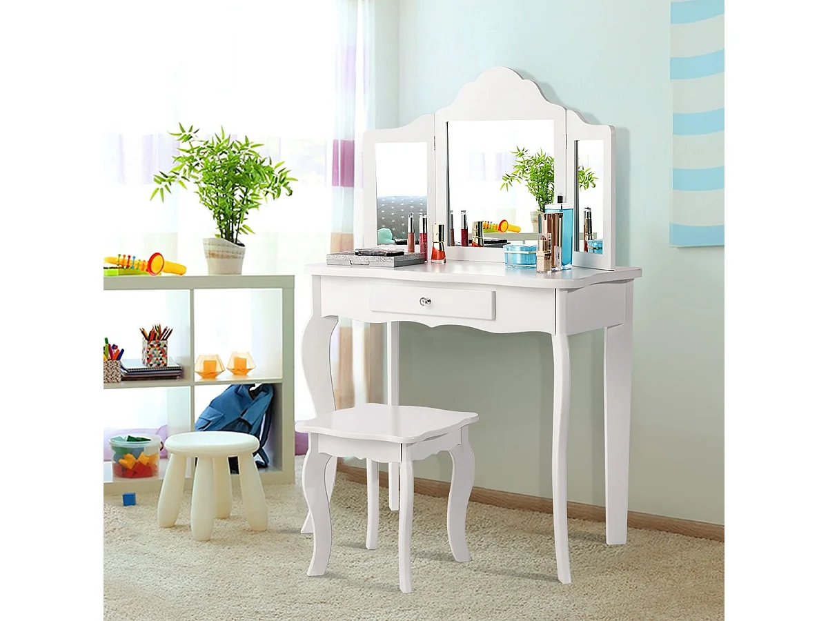 Coiffeuse Enfant Rose avec Tabouret, Table de Maquillage avec Miroir à Trois Panneaux et Tiroir, 70 x 34 x 103 CM, Blanc