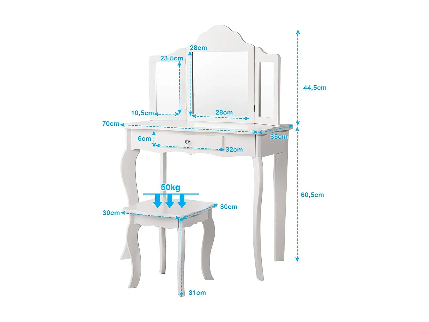 Coiffeuse Enfant Rose avec Tabouret, Table de Maquillage avec Miroir à Trois Panneaux et Tiroir, 70 x 34 x 103 CM, Blanc