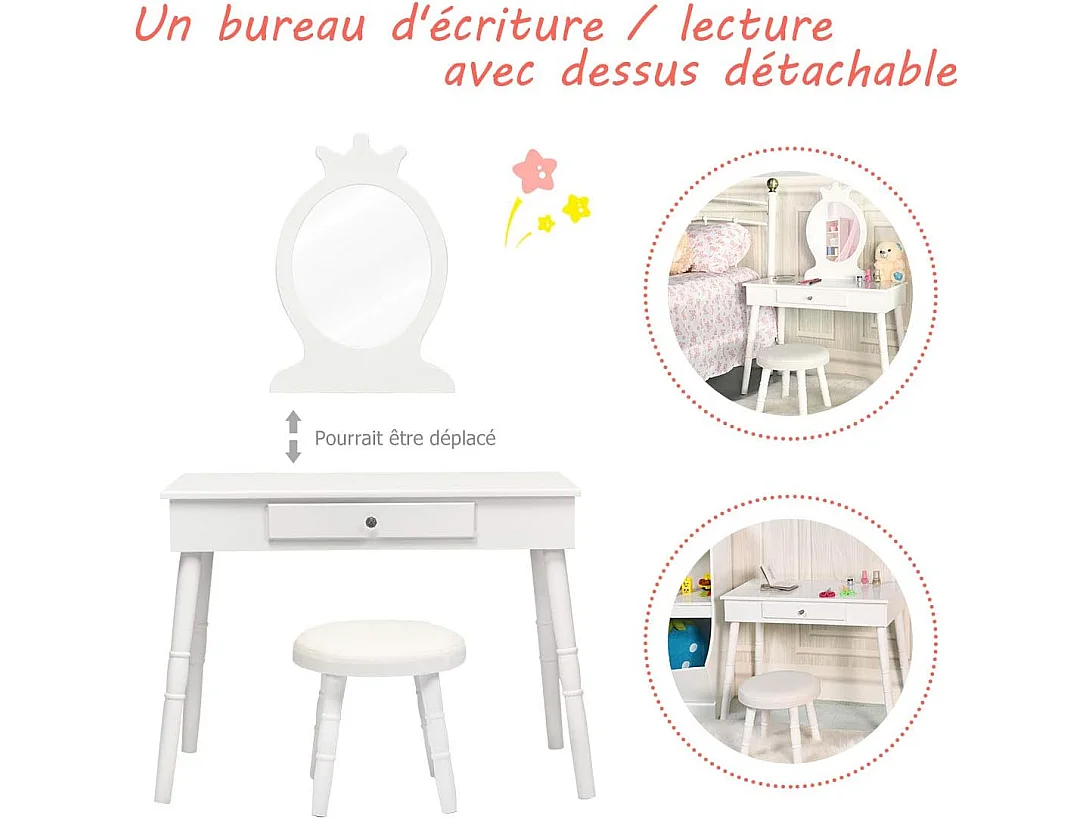 Coiffeuse avec Tabouret ,Table de Maquillage pour Enfants, Style Princesse Européenne avec Tiroir et Miroir