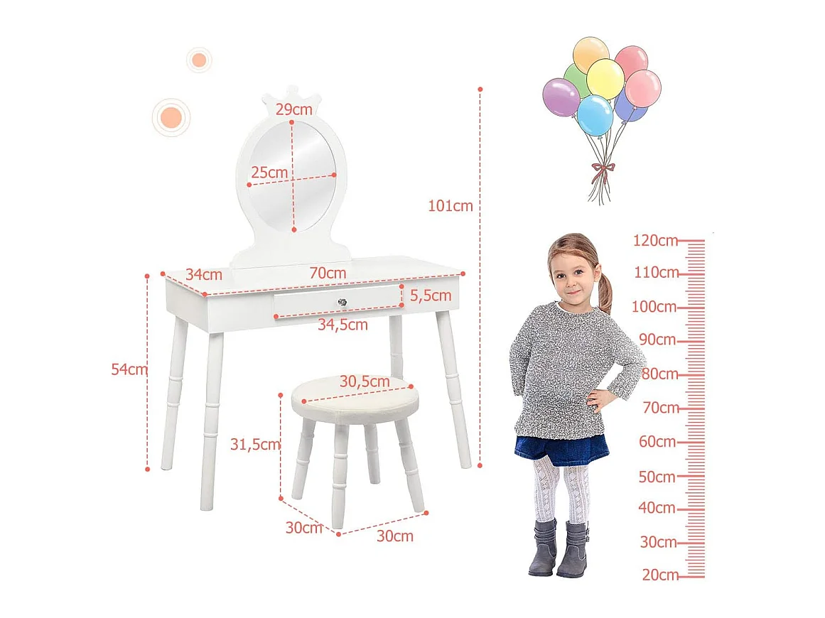 Coiffeuse avec Tabouret ,Table de Maquillage pour Enfants, Style Princesse Européenne avec Tiroir et Miroir