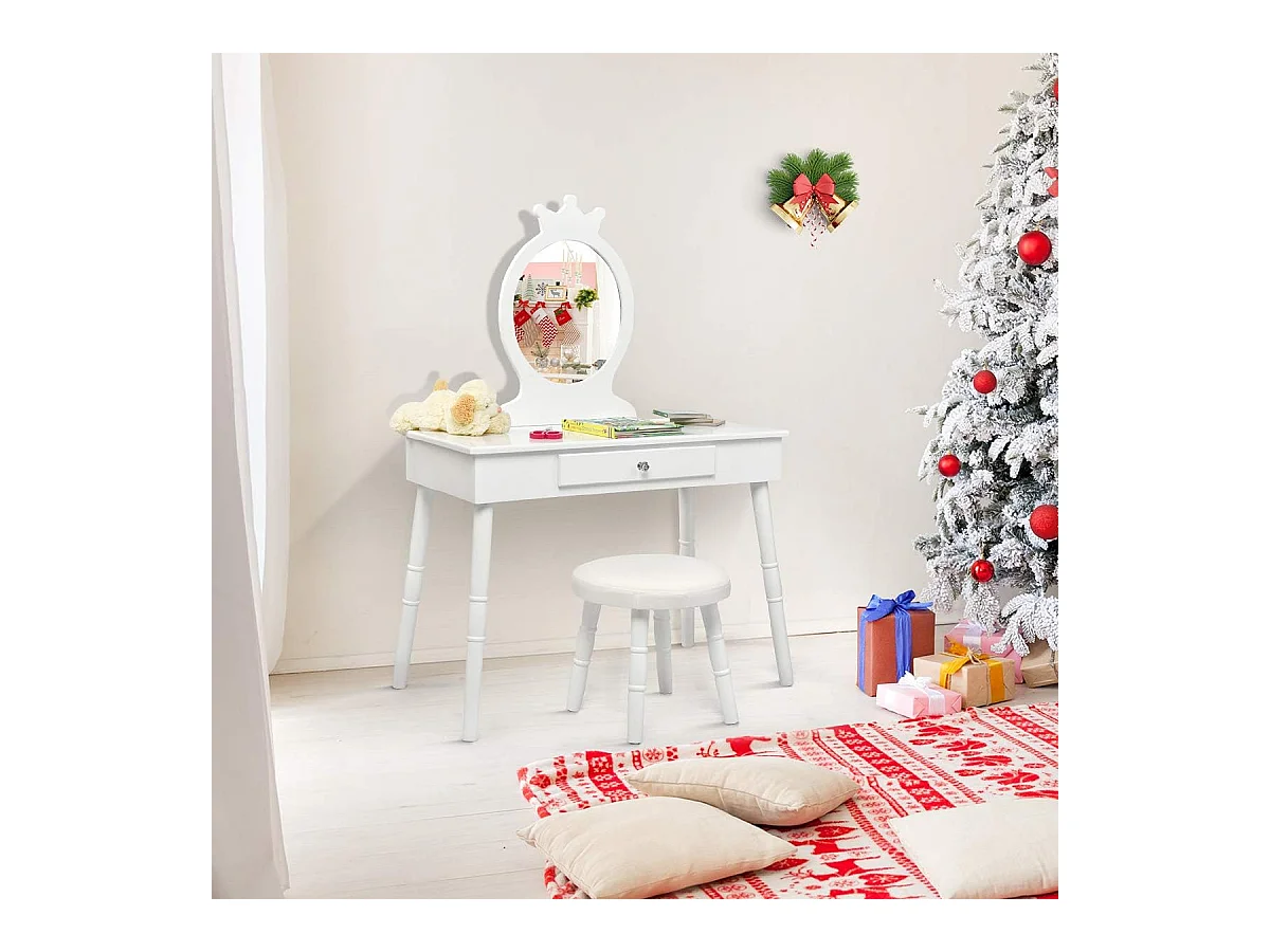 Coiffeuse avec Tabouret ,Table de Maquillage pour Enfants, Style Princesse Européenne avec Tiroir et Miroir